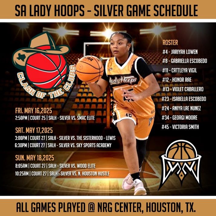Houston, Tx, NRG Center
Schedule in pic #clashoftheclubs
<a href="/SALadyHoops/">San Antonio Lady Hoops</a>