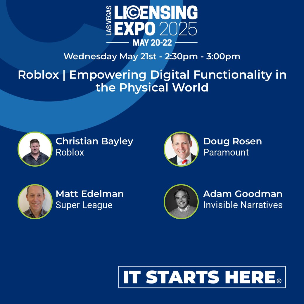 See this must-attend #LicensingExpo panel! Join leaders from <a href="/Roblox/">Roblox</a>, @Paramountco, <a href="/JoinSuperLeague/">Super League</a>, and #InvisibleNarratives as they explore how physical products are evolving to unlock digital experiences.
Add to your schedule: ow.ly/ra5n50VTtT9
#licensing #gaming