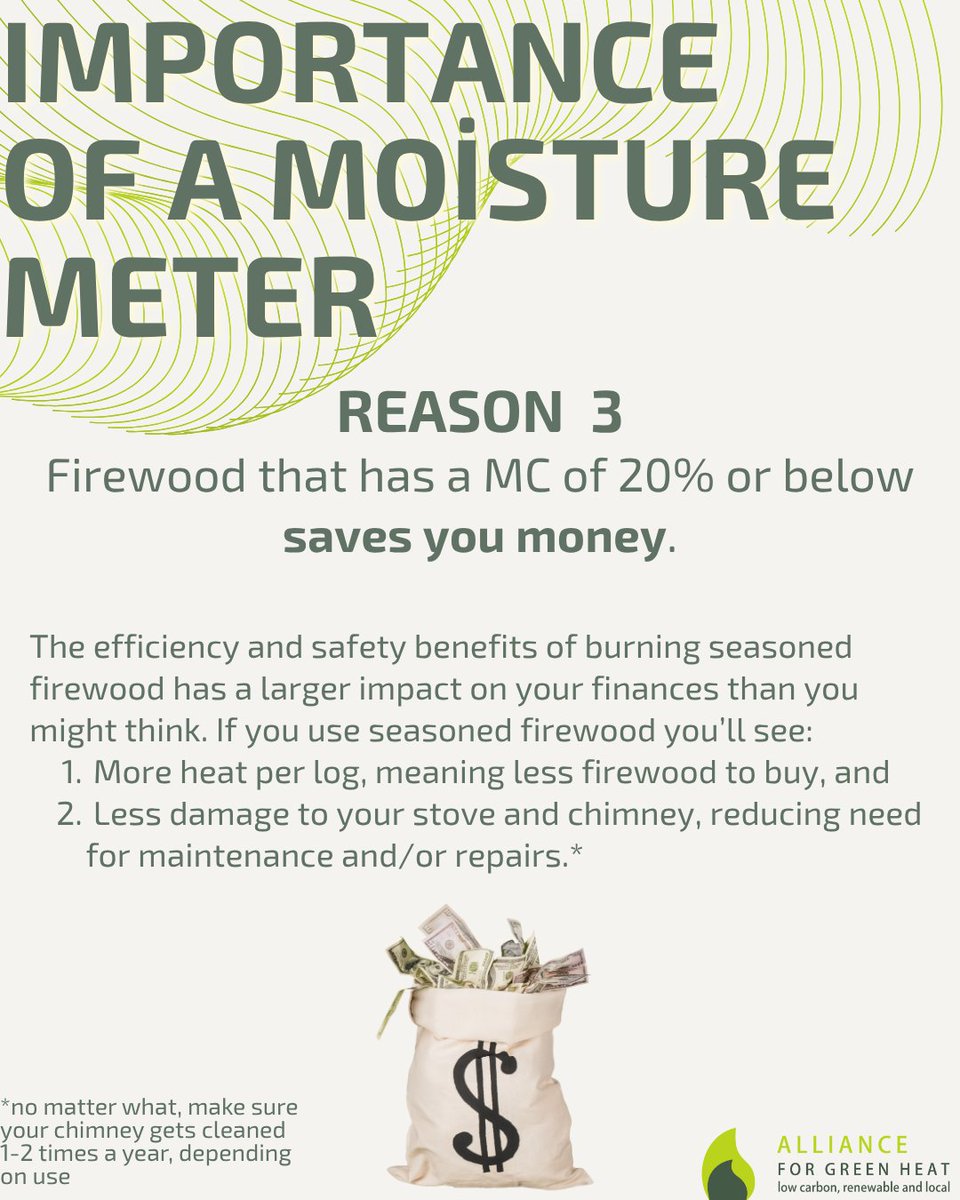 ForGreenHeat's tweet photo. Why use a moisture meter to make sure your firewood is at 20% or below before burning? 

1. Efficiency 
2. Safety 
3. Cost-savings  
4. Hold your firewood dealer accountable https://t.co/wIAZr78FIm