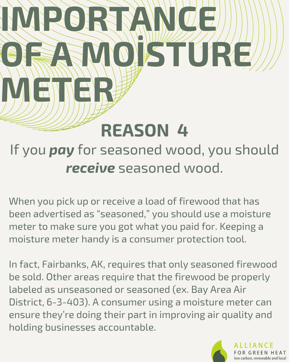 ForGreenHeat's tweet photo. Why use a moisture meter to make sure your firewood is at 20% or below before burning? 

1. Efficiency 
2. Safety 
3. Cost-savings  
4. Hold your firewood dealer accountable https://t.co/wIAZr78FIm