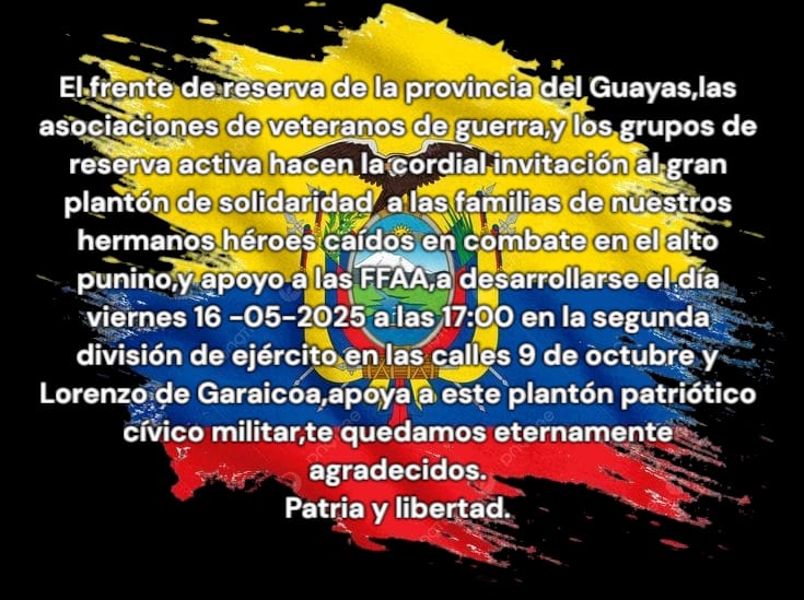 DejemosM's tweet image. Militares en servicio pasivo, junto con la  sociedad civil,  #INVITAN, al #PLANTÓN de apoyo a nuestros militares asesinados. 
#Lugar: Segunda División del Ejército, calles 9 de Octubre y Lorenzo de Garaycoa. 
HORA:  17h00.
#JusticiaParaLos11Militares