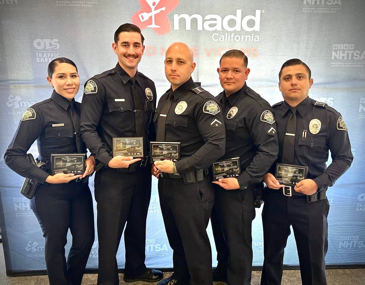 UplandPD's tweet photo. Join us in congratulating Officers Carrillo, Satchell, Aguilar, Martinez, and Gendreau for receiving the 2024 Mothers Against Drunk Driving (MADD) award!
These five officers collectively arrested 159 DUI drivers last year, demonstrating their dedication to keeping our roads safe.