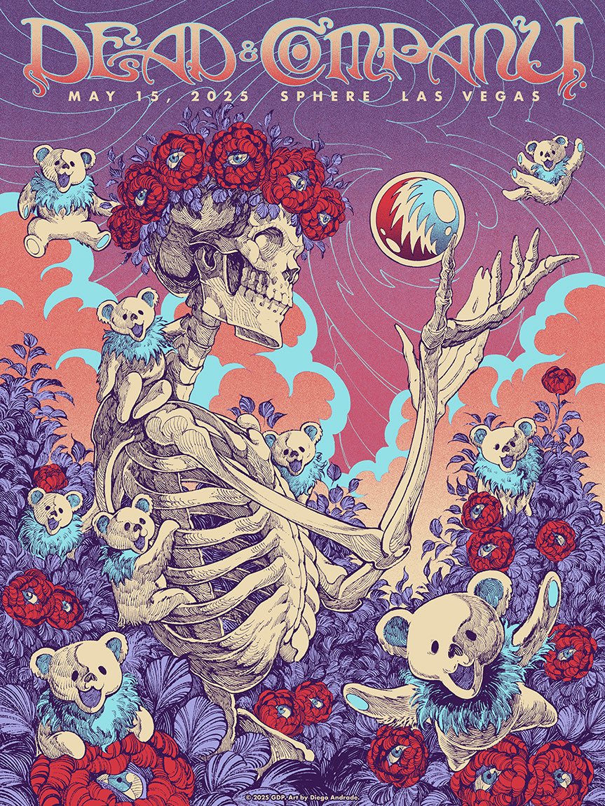 Dead & Company (@deadandcompany) on Twitter photo It’s been a real good time! Weekend 6, you’re up…
The early merch stand opens at 5pm PT outside of @spherevegas, just to the left of the Plaza Entry.
General Admission Floor lines open at 5pm PT.
Pedestrian Bridge from @venetianvegas opens at 5pm PT.
🎨: <a href="/Diegoandradeart/">Diego Andrade</a> It’s been a real good time! Weekend 6, you’re up…
The early merch stand opens at 5pm PT outside of @spherevegas, just to the left of the Plaza Entry.
General Admission Floor lines open at 5pm PT.
Pedestrian Bridge from @venetianvegas opens at 5pm PT.
🎨: <a href="/Diegoandradeart/">Diego Andrade</a>