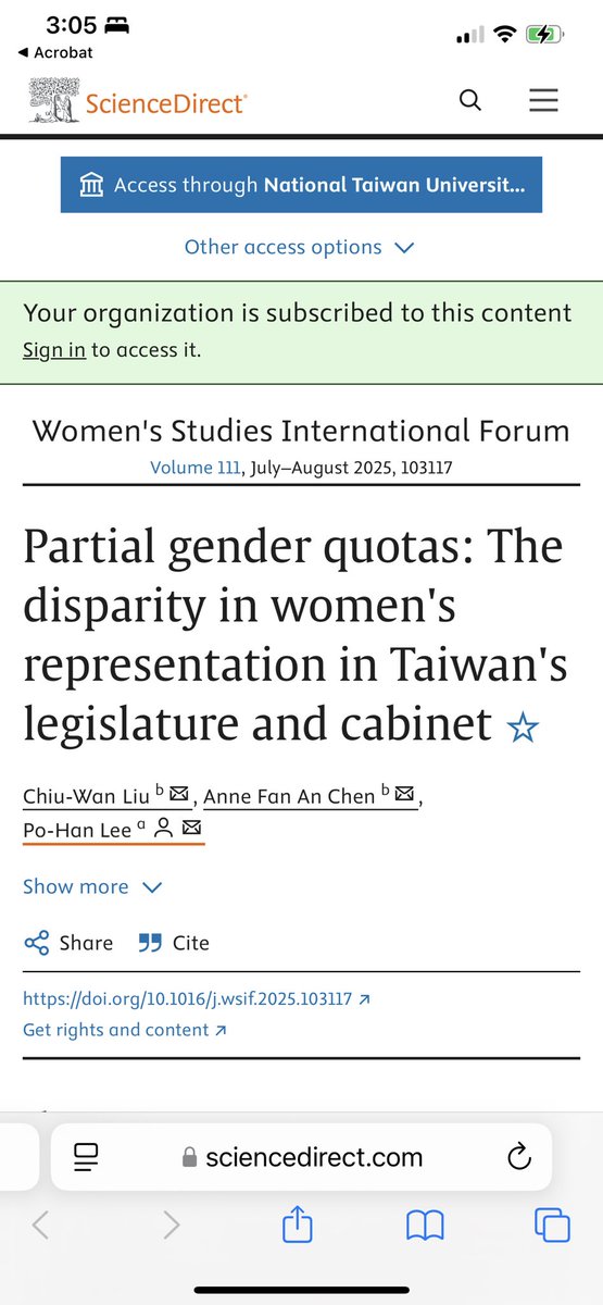 In this article, we try to unpack and understand a strange case—asymmetrical development of women’s representation in the government v. in the parliament in Taiwan—which we term as “#partialgenderquotas” #WSIF <a href="/ChiuWanLiu/">Chiu Wan Liu</a> 🙏🏽
 See: doi.org/10.1016/j.wsif…