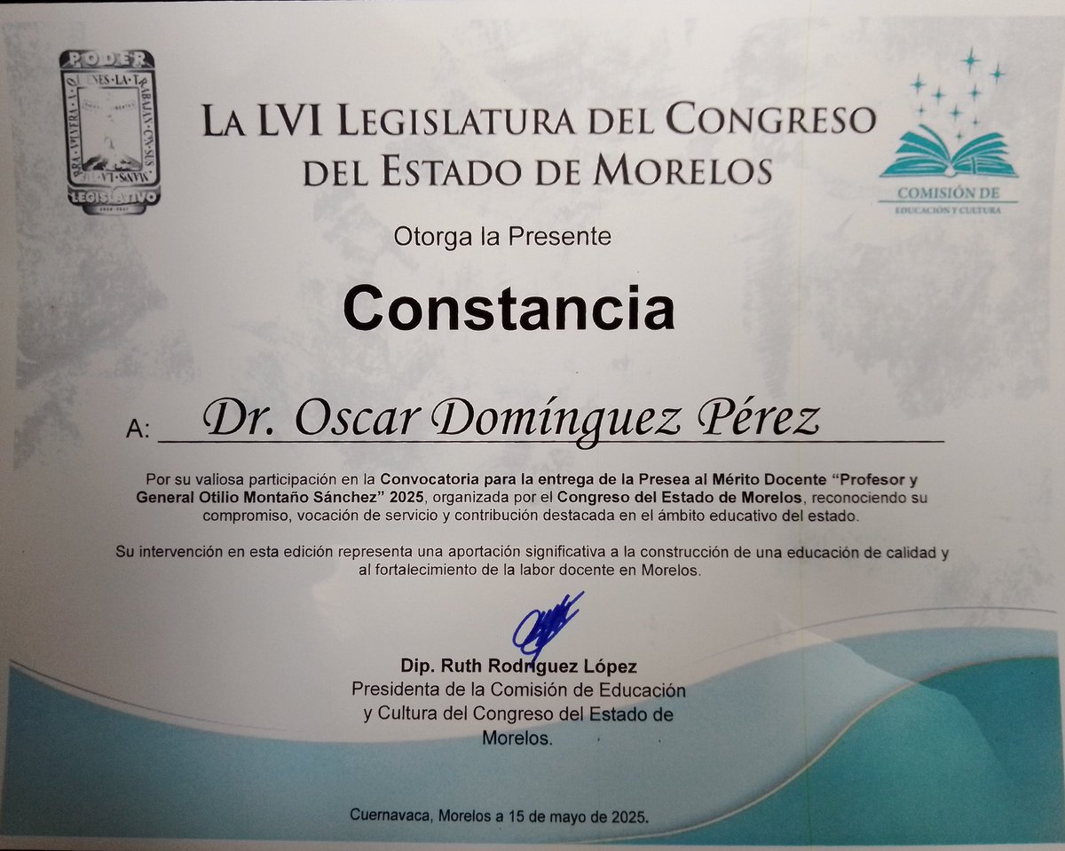 IngenieriaODP's tweet photo. En el marco del "Día del Maestro" recibí una constancia-reconocimiento por la trayectoria de 27 años dedicado e la educación en la ceremonia de Entrega de la Presea al Mérito Docente "Profesor y General Otilio Montaño Sánchez" llevada acabo en el @MorelosCongreso https://t.co/2LfcvGXbD2