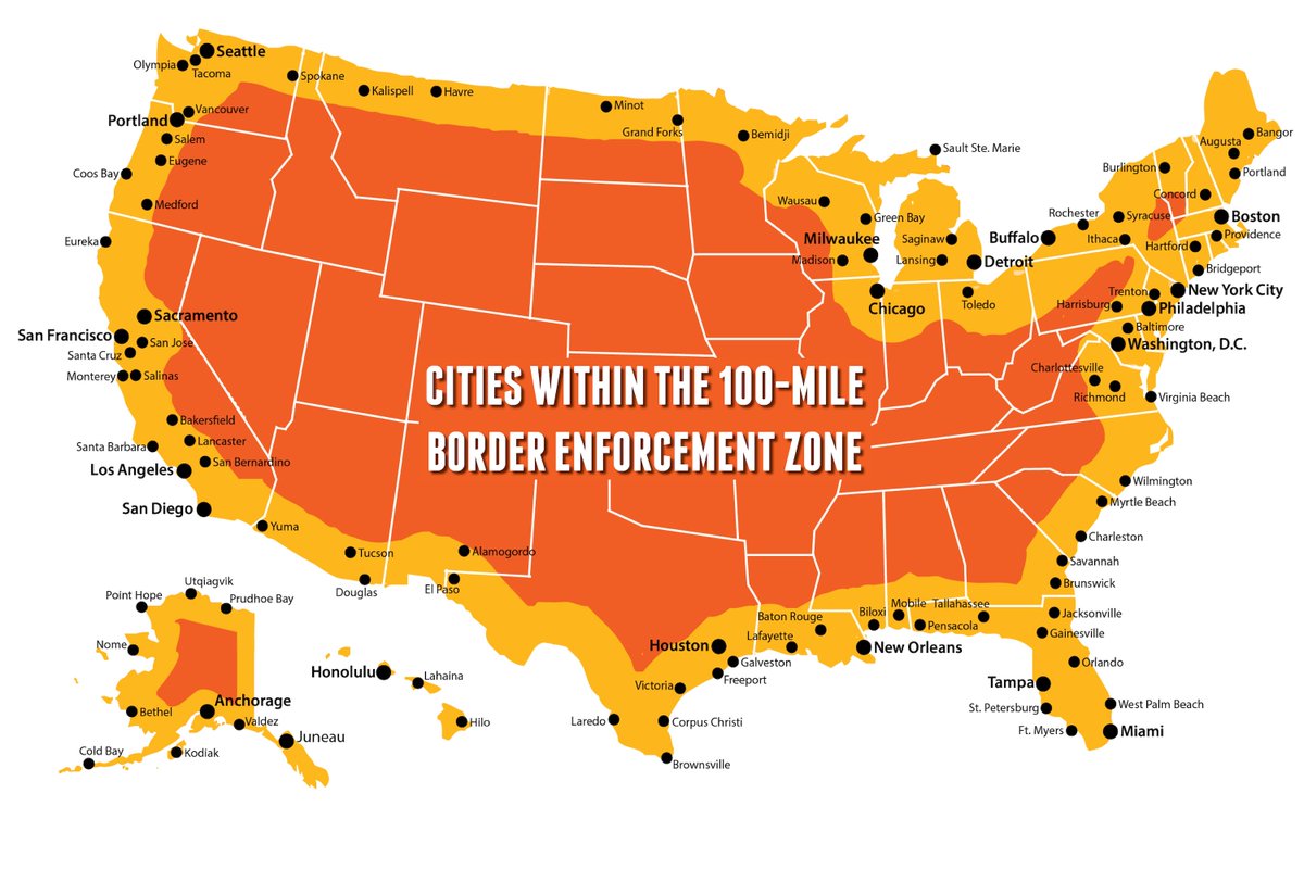 This seems like a good time to remind everyone that, legally speaking, the "border" in which U.S. Customs and Border Protection claims jurisdiction extends 100 miles inland and covers two-thirds of the U.S. population.