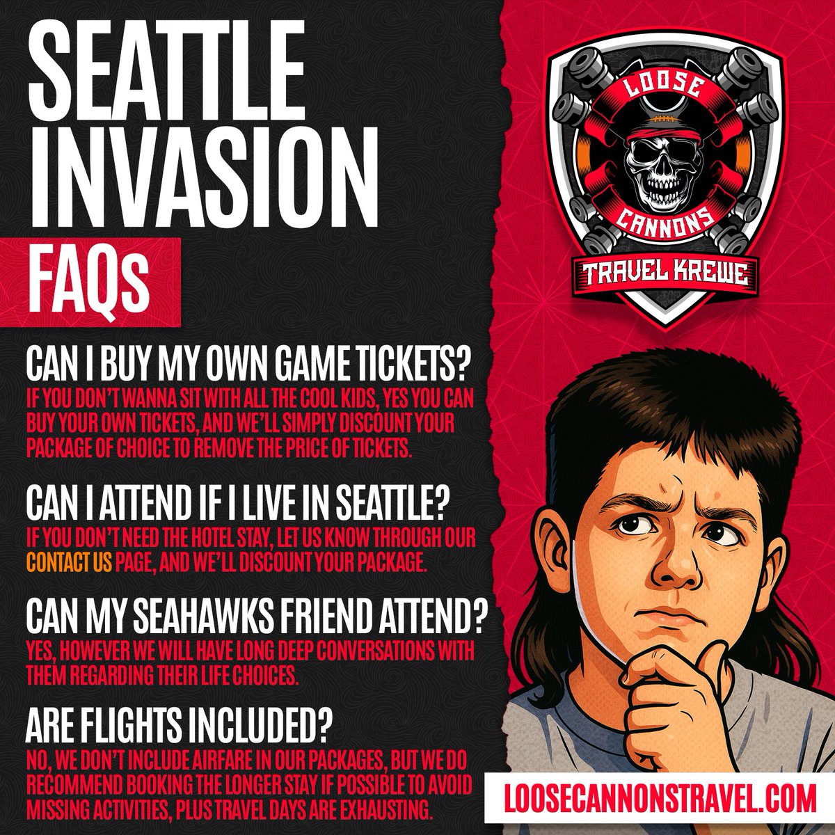 Some answers to your frequently asked questions as we finalize pricing for our Seattle Invasion packages:

#WeAreTheKrewe #Bucs #BucsNation