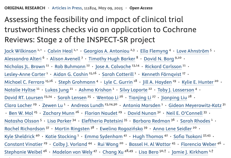José A. Calvache (@jacalvache) on Twitter photo 🚨 New paper out!
Lead by Jack Wilkinson!
Assessing the feasibility and impact of clinical trial trustworthiness checks via #INSPECT-SR published in <a href="/JClinEpi/">Journal of Clinical Epidemiology</a> !
jclinepi.com/article/S0895-… 🚨 New paper out!
Lead by Jack Wilkinson!
Assessing the feasibility and impact of clinical trial trustworthiness checks via #INSPECT-SR published in <a href="/JClinEpi/">Journal of Clinical Epidemiology</a> !
jclinepi.com/article/S0895-…