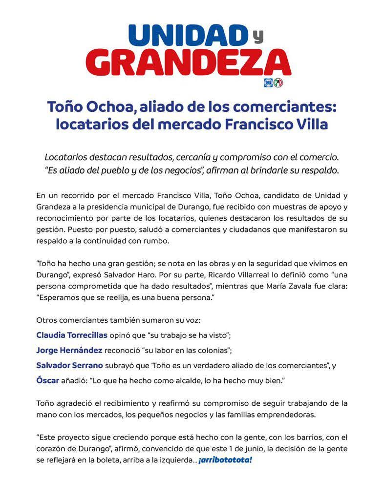 Noticias_Dgo's tweet image. 🔴 #Durango |• Toño Ochoa , aliado de los comerciantes: locatarios del mercado Francisco Villa.
Consulta la información. ⬇️👇🏻
#UnidadYGrandeza