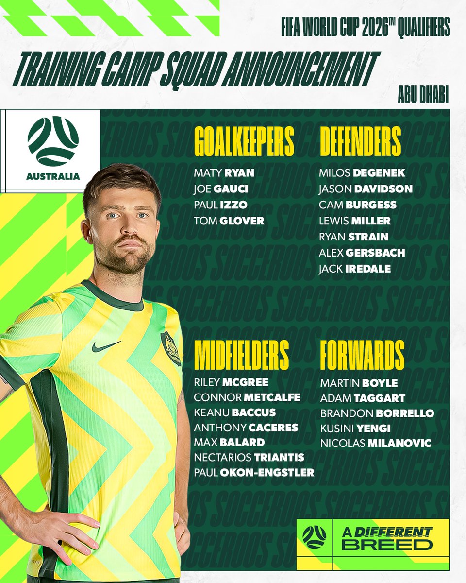 Subway Socceroos (@socceroos) on Twitter photo 📋 Tony Popovic has named a 23-player squad for a training camp in Abu Dhabi ahead of the Subway #Socceroos’ crucial <a href="/FIFAWorldCup/">FIFA World Cup</a> Qualifiers against Japan and Saudi Arabia next month.
🗞️ More Details: bit.ly/TrainingCamp-S… 📋 Tony Popovic has named a 23-player squad for a training camp in Abu Dhabi ahead of the Subway #Socceroos’ crucial <a href="/FIFAWorldCup/">FIFA World Cup</a> Qualifiers against Japan and Saudi Arabia next month.
🗞️ More Details: bit.ly/TrainingCamp-S…