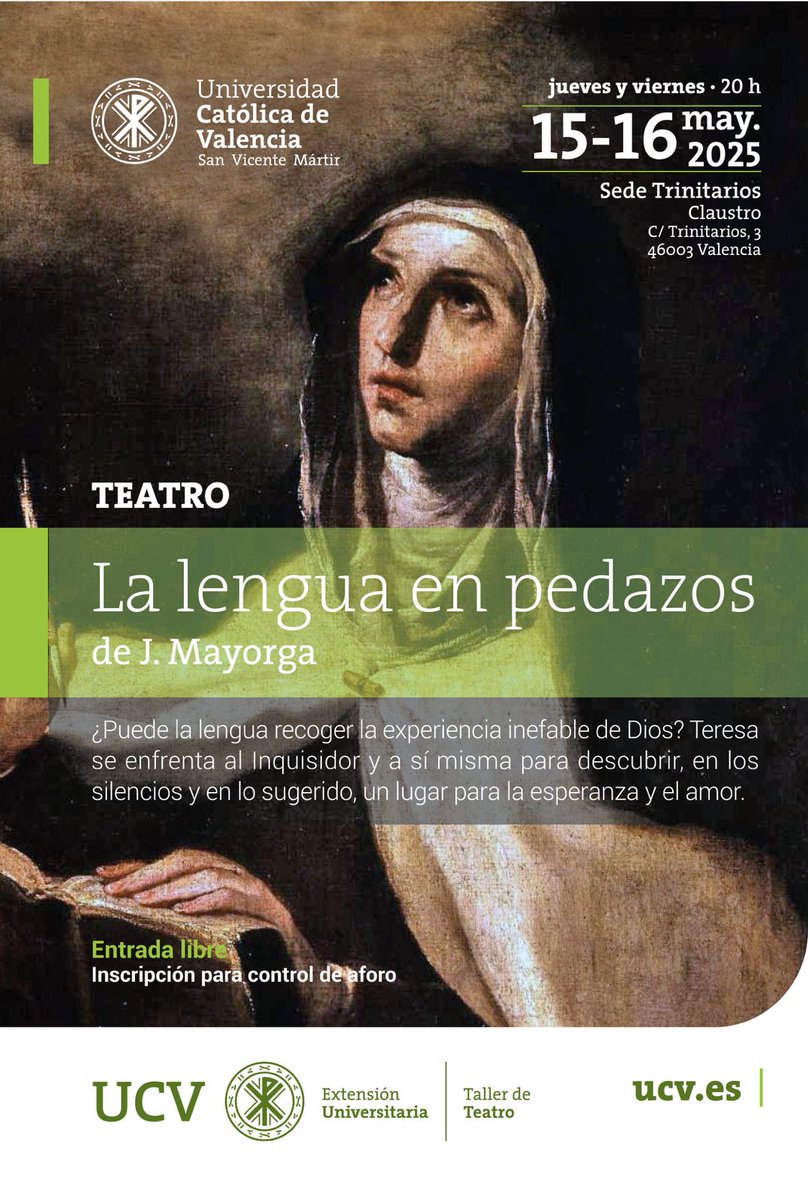 José Manuel Pagán (@josempaganag) on Twitter photo Enhorabuena al Taller de Teatro de la <a href="/UCV_svm/">Universidad Católica de Valencia</a>, por su "Lengua en pedazos", de Juan Mayorga. Un regalazo poder disfrutar del teatro en la universidad, en un marco inmejorable. Hoy, viernes, última representación.
Entrada libre ¡Viva el teatro!
forms.cloud.microsoft/e/MxLVPxFQ0n Enhorabuena al Taller de Teatro de la <a href="/UCV_svm/">Universidad Católica de Valencia</a>, por su "Lengua en pedazos", de Juan Mayorga. Un regalazo poder disfrutar del teatro en la universidad, en un marco inmejorable. Hoy, viernes, última representación.
Entrada libre ¡Viva el teatro!
forms.cloud.microsoft/e/MxLVPxFQ0n