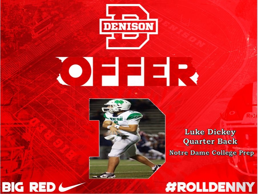 Luke Dickey (@lukedickey_) on Twitter photo After a great conversation with <a href="/coachhatem/">Jack Hatem</a> I am blessed to announce I have received an offer from Denison University! <a href="/coachjo51/">Jovon Johnson</a> <a href="/qbwon/">QBWON</a> <a href="/NDCP_Football/">NDCP_Football</a> <a href="/DUFootball/">Denison Football</a> #AGTG After a great conversation with <a href="/coachhatem/">Jack Hatem</a> I am blessed to announce I have received an offer from Denison University! <a href="/coachjo51/">Jovon Johnson</a> <a href="/qbwon/">QBWON</a> <a href="/NDCP_Football/">NDCP_Football</a> <a href="/DUFootball/">Denison Football</a> #AGTG