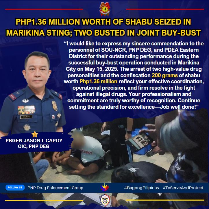 PNP_DEG's tweet photo. 𝐏𝐫𝐞𝐬𝐬 𝐑𝐞𝐥𝐞𝐚𝐬𝐞 || 𝐌𝐚𝐲 𝟏𝟔, 𝟐𝟎𝟐𝟓

PHP1.36 MILLION WORTH OF SHABU SEIZED IN MARIKINA ANTI-ILLEGAL DRUG OPERATION; TWO HIGH VALUE INDIVIDUAL ARRESTED

Read more: https://t.co/hcrEMXMWL3

#SaBagongPilipinasAngGustongPulisLigtasKa
#ToServeandProtect https://t.co/AWyxdoRsV3