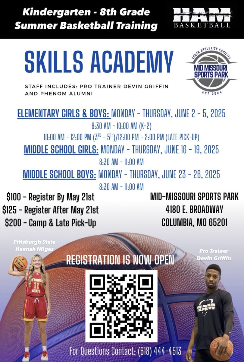 JOIN ME AT SUMMER CAMP🏀 This June I’ll be training with @hambasketball at @midmosportspark and would love to see you there‼️ Scan the link or call to get signed up!! ☀️🏀