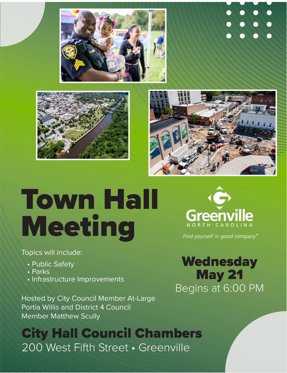You're invited! You're invited! Join Greenville City Council for a Town Hall Meeting on Wednesday, May 21st at 6:00 PM in the City Hall Council Chambers (200 West Fifth Street). 🏛 nextdoor.com/city/post/4007…… via

<a href="/Nextdoor/">Nextdoor</a>