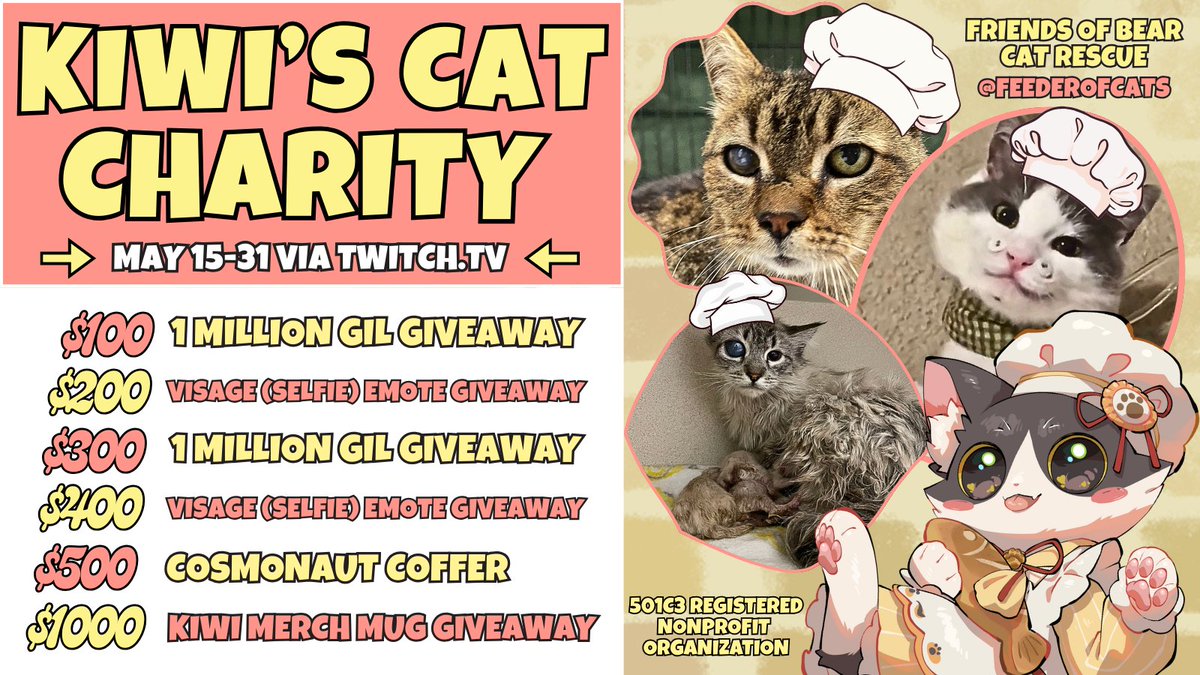 KiwiCat_TV's tweet image. Charity for @feederofcats begins now!!

If you CANNOT donate due to financial reasons or personal reasons, I will donate ALL ad revenue this month. So if you LURK - YOU ARE HELPING! ⭐️

Come join us for FFXIV fun!
🔴LIVE NOW twitch.tv/kiwicat_tv