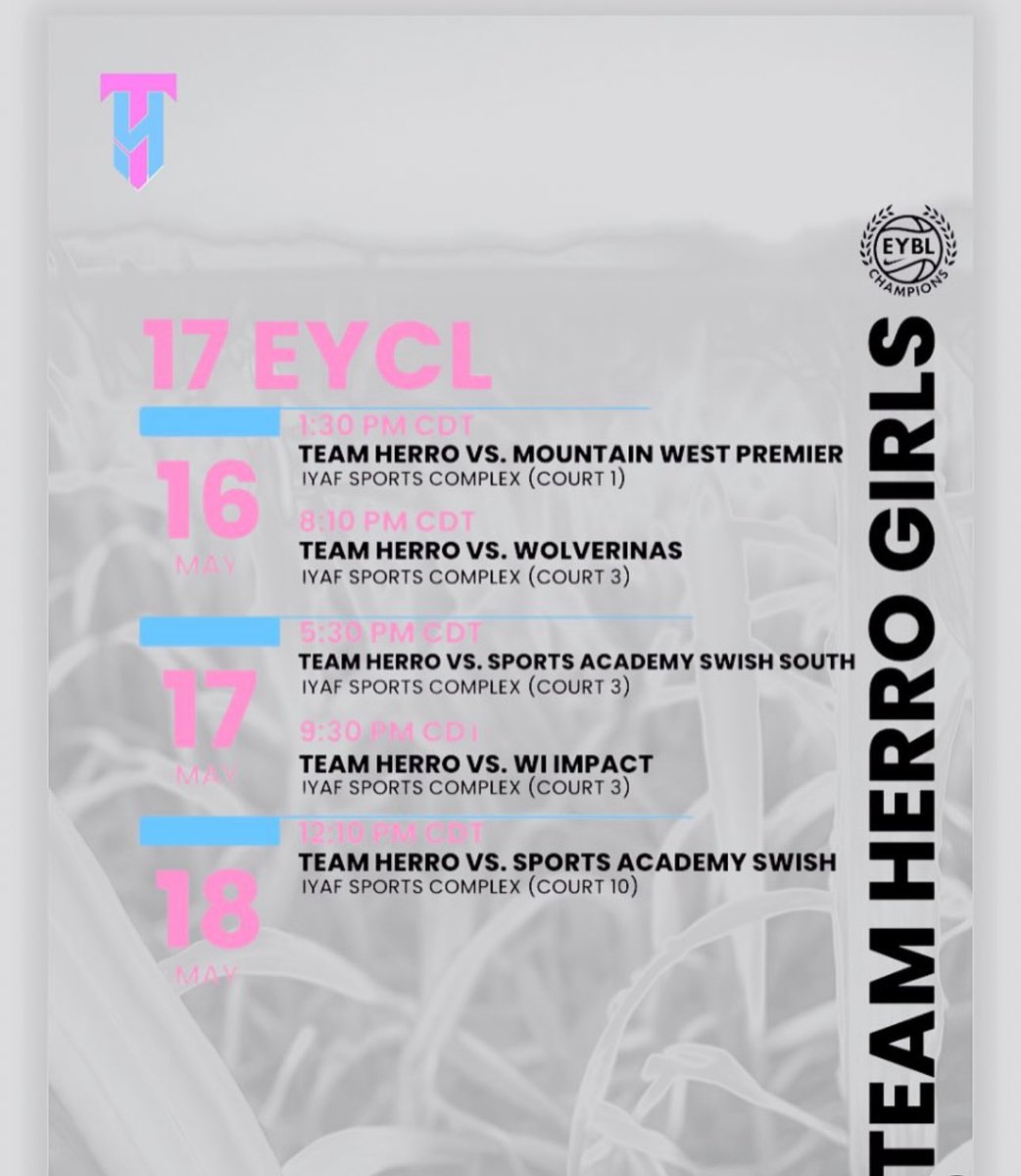 Here is my EYBL schedule in Des Moines, Iowa this weekend at IYAF Sports Complex. Excited to run it back with my teammates! See you there!!
