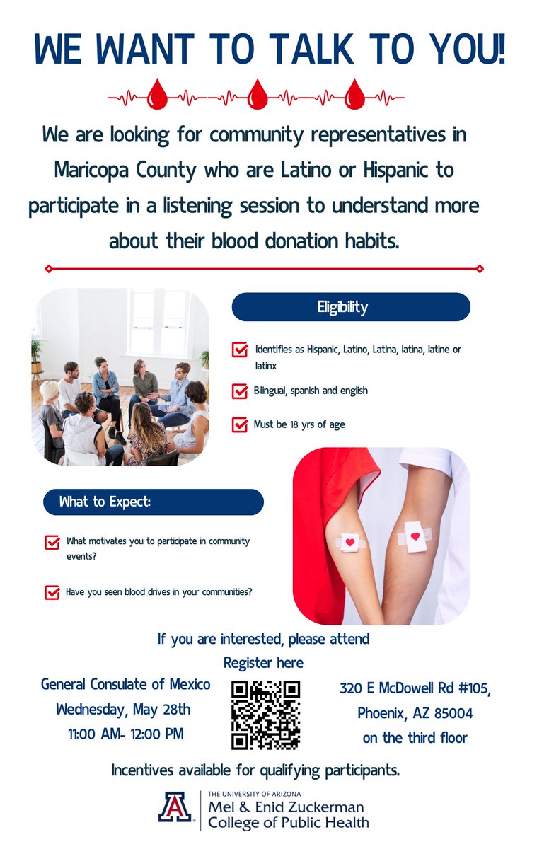 Hello community,
The University of Arizona is hosting a listening session on blood donation and wants your input. You don't want to miss it! The listening session will be at the Mexican Consulate on May 28th from 11-12pm. Here is the link to register forms.gle/YxeVRT7QMqvQoV…