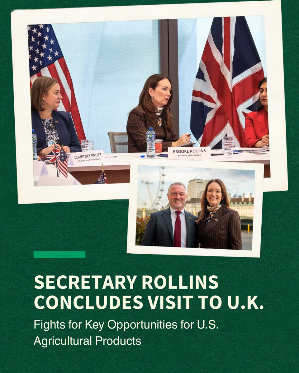 Dept. of Agriculture (@usda) on Twitter photo .<a href="/SecRollins/">Secretary Brooke Rollins</a> concludes the final day of her trade delegation visit to the United Kingdom where she secured major wins for American exporters 🇺🇸 🤝 🇬🇧 usda.gov/about-usda/new… .<a href="/SecRollins/">Secretary Brooke Rollins</a> concludes the final day of her trade delegation visit to the United Kingdom where she secured major wins for American exporters 🇺🇸 🤝 🇬🇧 usda.gov/about-usda/new…