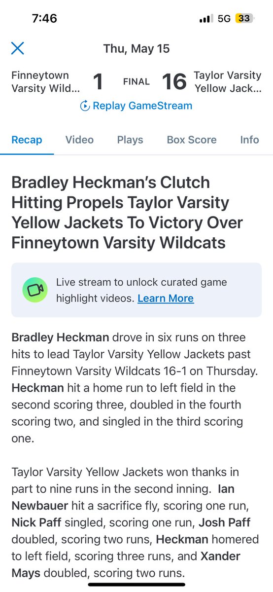BradleyHeck12's tweet photo. No better way to go out. Home run in my final home game as a Taylor Yellow Jacket. Added a double, single, and 6 RBIS as well. Thank you Taylor Baseball💛🖤 https://t.co/eKuDNqbNcx
