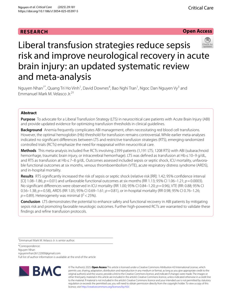Estrategias de transfusión en lesión cerebral aguda: 🩸 🧠
•Restrictiva:  Hb ≤ 7–8 g/dL.
•Liberal:  Hb ≤ 9–10 g/dL.
El enfoque restrictivo mostró  mayor riesgo de sepsis (RR 1.42)  y de resultados neurológicos desfavorables a 6 meses (RR 1.13) 

ccforum.biomedcentral.com/articles/10.11…