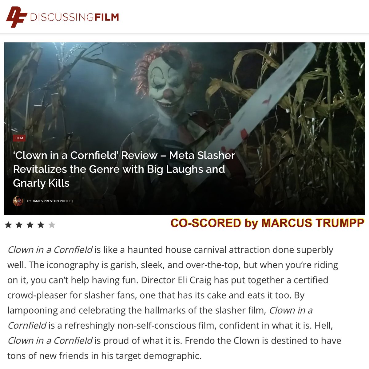 Mgmt_DD's tweet image. New review is up for 𝘾𝙇𝙊𝙒𝙉 𝙄𝙉 𝘼 𝘾𝙊𝙍𝙉𝙁𝙄𝙀𝙇𝘿, which was co-scored by our client Marcus Trumpp. Read the DiscussingFilm review. They give it 4 out of 5 stars! #marcustrumpp #clowninacornfield #shudder @DiscussingFilm 

Article: shorturl.at/d5P3O