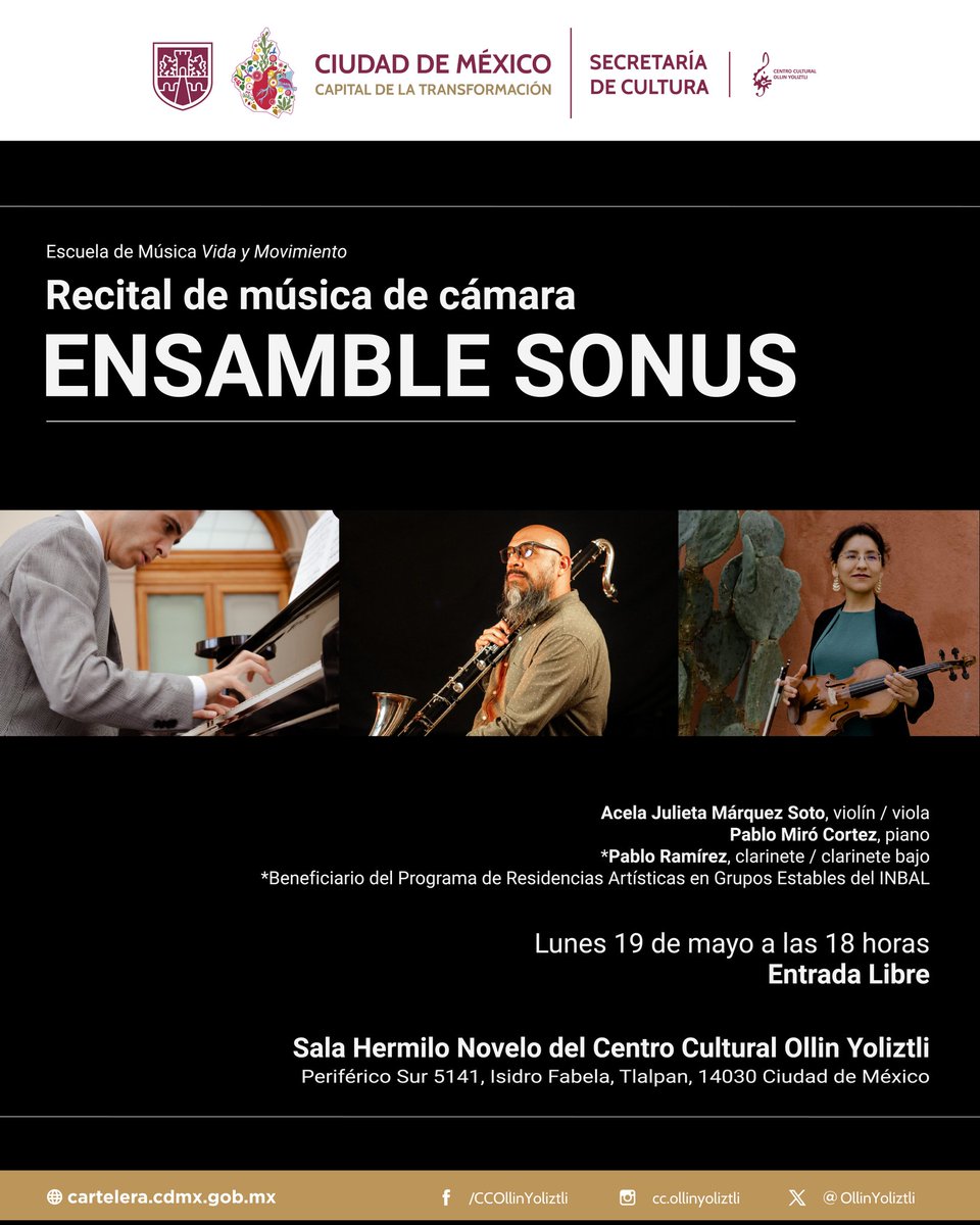 pablomirocortez's tweet photo. 🎶 Ensamble Sonus en concierto
📅 Lunes 19 de mayo, 18:00 h
📍 Sala Hermilo Novelo, Centro Cultural Ollin Yoliztli, CDMX
🎟️ Entrada libre

Schumann, Hindemith (130°), Bozza (120°), Arutiunian (105°), Bennett Thomas.
Clarinete, violín, viola y piano en diálogo sonoro.

#EnsambleSonus #MúsicaDeCámara #CulturaCDMX #ClarinetViolinPiano #EntradaLibre #OllinYoliztli #CiudadDeMéxico #Schumann #Hindemith130 #Bozza120 #Arutiunian105