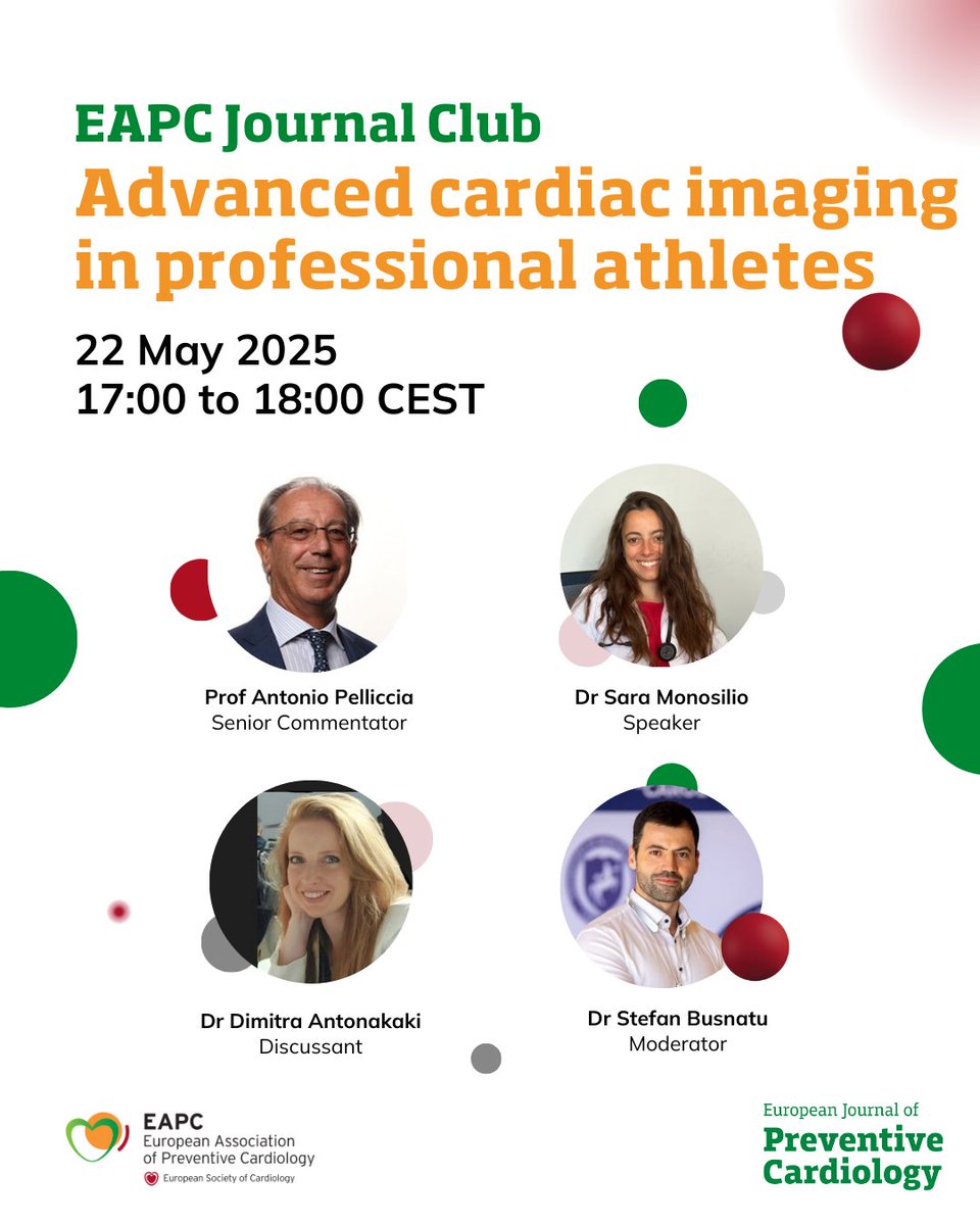 AhmedElgohary (@aelgohary87) on Twitter photo JOIN our next #EAPC JournalClub on #CMR in #SportsCardiology!
🤔 We are discussing CMR-derived deformation parameters in elite athletes!
🗓️ 22nd May 2026 | 17:00 CEST
<a href="/EAPCPresident/">EAPCPresident</a> <a href="/SilCastelletti/">Silvia Castelletti</a> JOIN our next #EAPC JournalClub on #CMR in #SportsCardiology!
🤔 We are discussing CMR-derived deformation parameters in elite athletes!
🗓️ 22nd May 2026 | 17:00 CEST
<a href="/EAPCPresident/">EAPCPresident</a> <a href="/SilCastelletti/">Silvia Castelletti</a>