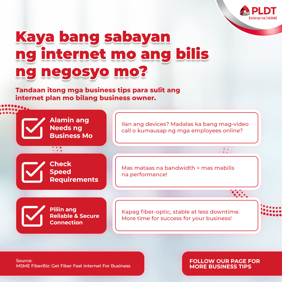 Pag dating sa negosyo, investment ang internet plan! Siguraduhin na ang plan ay swak sa business mo.

Alamin ang pwedeng maitulong ng PLDT Enterprise sa negosyo. bit.ly/pldtenterprise…

Source: pldtenterprise.com/msme/solutions…

#InternetPlan #CommittedToMSMEs #CommittedToYourSuccess