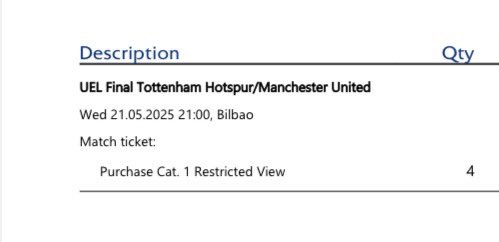 LibyanRed's tweet image. WTS

Europa league final tickets x4

Manchester United Vs Tottenham Hotspur’s ( Spurs) 

Cat 1 RV neutral section

Can meet in Manchester over the weekend for face to face transfer 

Can be split into 2x2 

Cheaper than ticombo / viagogo etc