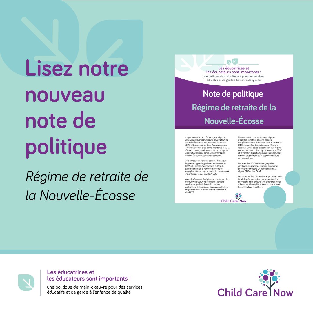 La présente note de politique a pour objet de présenter brièvement le régime de retraite de la Nouvelle-Écosse pour le personnel éducateur (EPE) et les autres membres du personnel des services éducatifs et de garde à l’enfance (SEGE).

▶️ unenfantuneplace.ca/les-educatrice…
