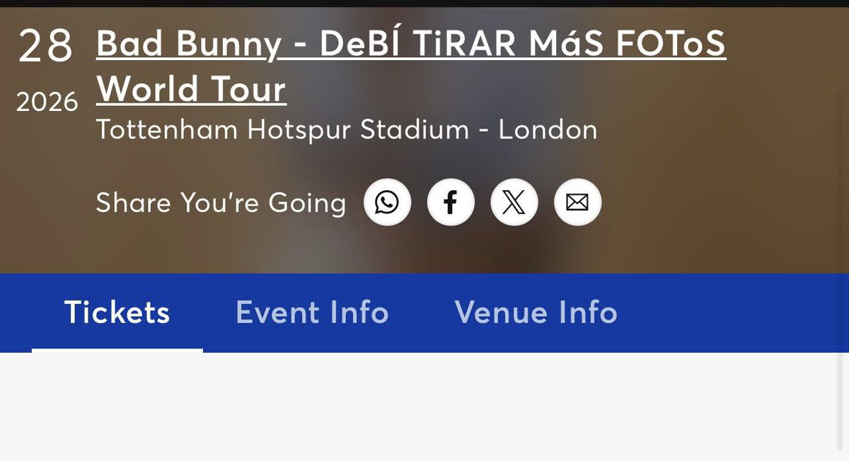 Anaa11m's tweet photo. Vendo dos entradas para bad bunny en Tottenham Hotspur Stadium - London
⭐️ Vip Early entry package
📅 28 de junio 2026
#badbunny https://t.co/ZfBWPs5iuo