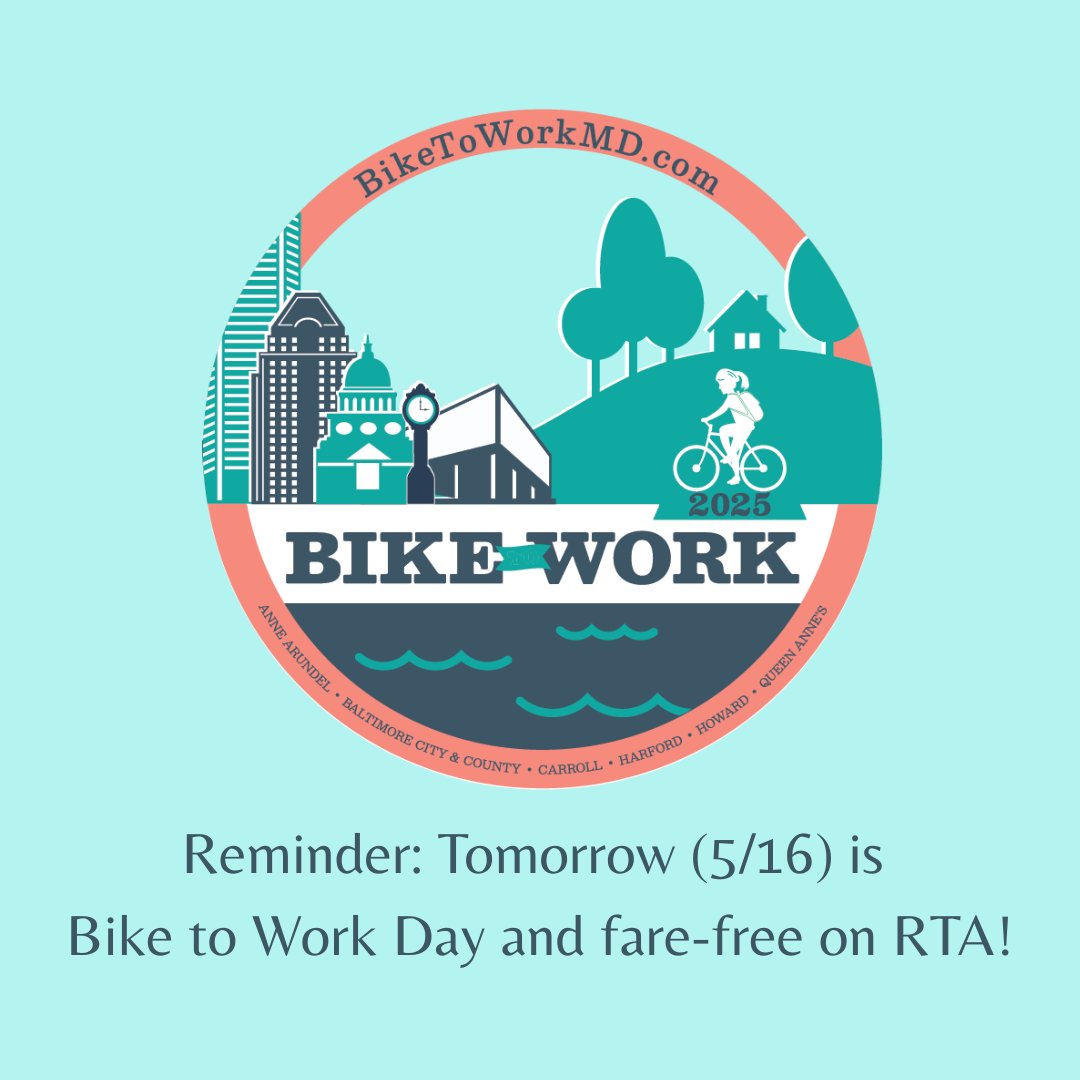 Tomorrow 5/16 is our Bike *from* Work Day event from 4-6P @ Color Burst Park &amp; <a href="/transitRTA/">Regional Transportation Agency</a> is fare-free to celebrate approaching 1 million passenger trips in 1 year! Hop on your bike, a bus, or both tomorrow!
gohoward.org/bike-to-work-d…
biketoworkmd.com/register
howardcountymd.gov/transportation…