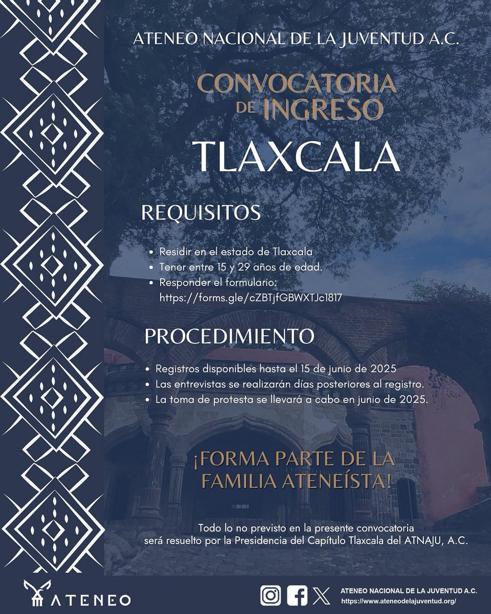 ¡ÚNETE AL CAPÍTULO TLAXCALA! 🎉

🔹 Requisitos:
✅ Vivir en el estado de Tlaxcala
✅ Tener entre 15 y 29 años
✅ Llenar el formulario: forms.gle/cZBTjfGBWXTJc1…

📌 Registro hasta el 15 de junio de 2025

#SomosAteneo  #ConvocatoriaATNAJU #TlaxcalaJoven #JuventudActiva