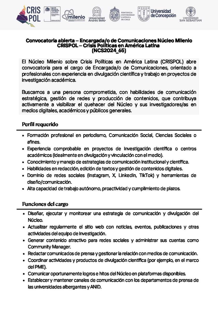 nucleo_crispol's tweet photo. 📢 ¡CRISPOL busca Encargada/o de Comunicaciones!

🧠 Experiencia en divulgación científica
📍 Modalidad híbrida
💼 24 hrs/semana
💰 $650.000 CLP
📅 Postula hasta el 28 de mayo
📧 leonpagola@gmail.com
#CRISPOL #OfertaLaboral #Comunicaciones https://t.co/5Pmj18pRvY