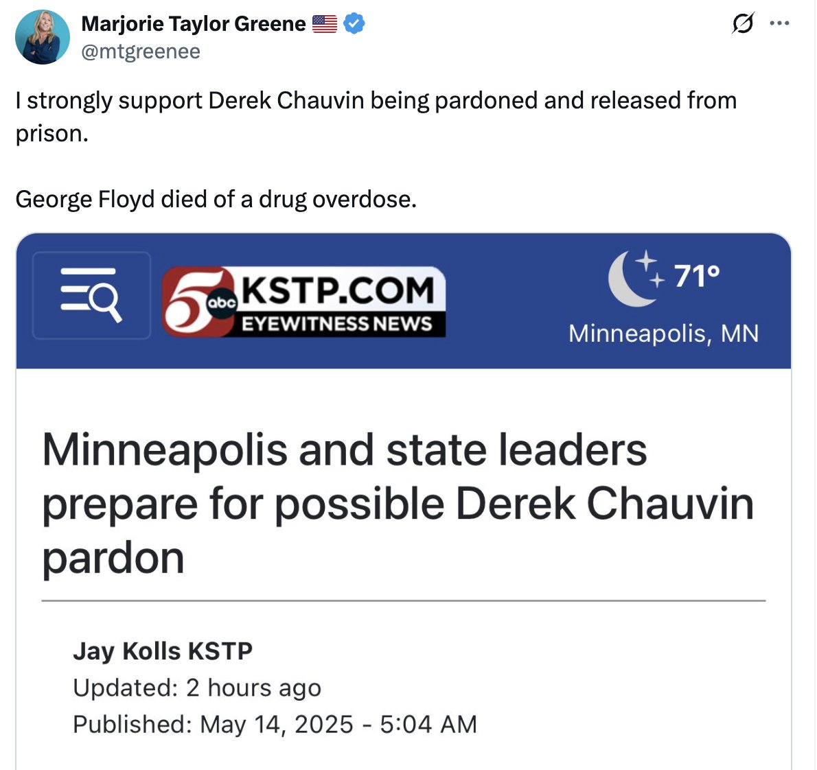 krassenstein's tweet image. FACT:  George Floyd did NOT die of a drug overdose.  Two juries decided this was NOT the case.

It&apos;s merely something racist people say in order to normalize a cop MURDERING a black guy.

Marjorie should offer to donate her neck for a cop to kneel on if she doesn&apos;t believe the…