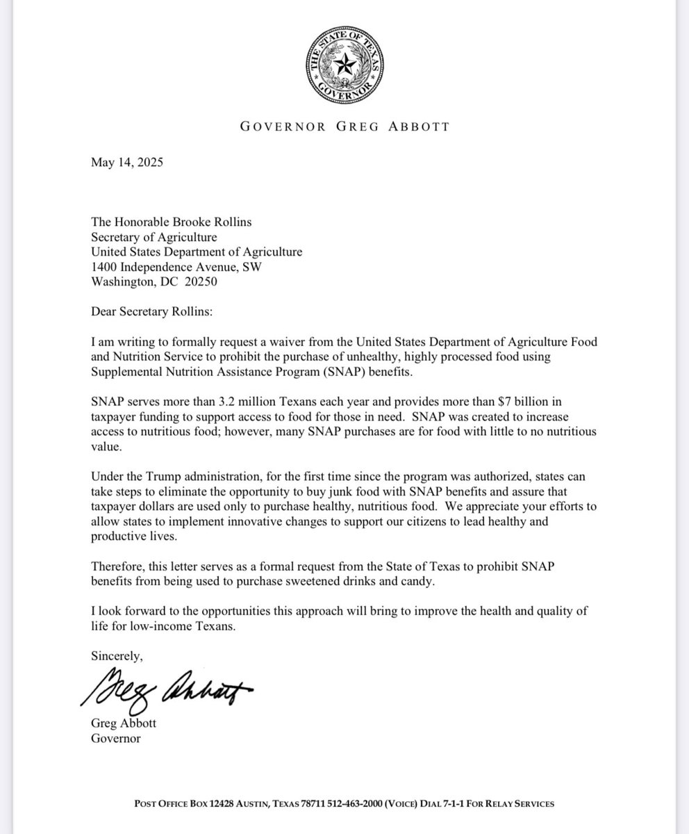 MakeTXHealthy's tweet image. Gov. @GregAbbott_TX is right: taxpayer dollars should help families buy real food, not soda and candy. Texas is leading the way to make SNAP about nutrition—not junk. #txlege #MAHA