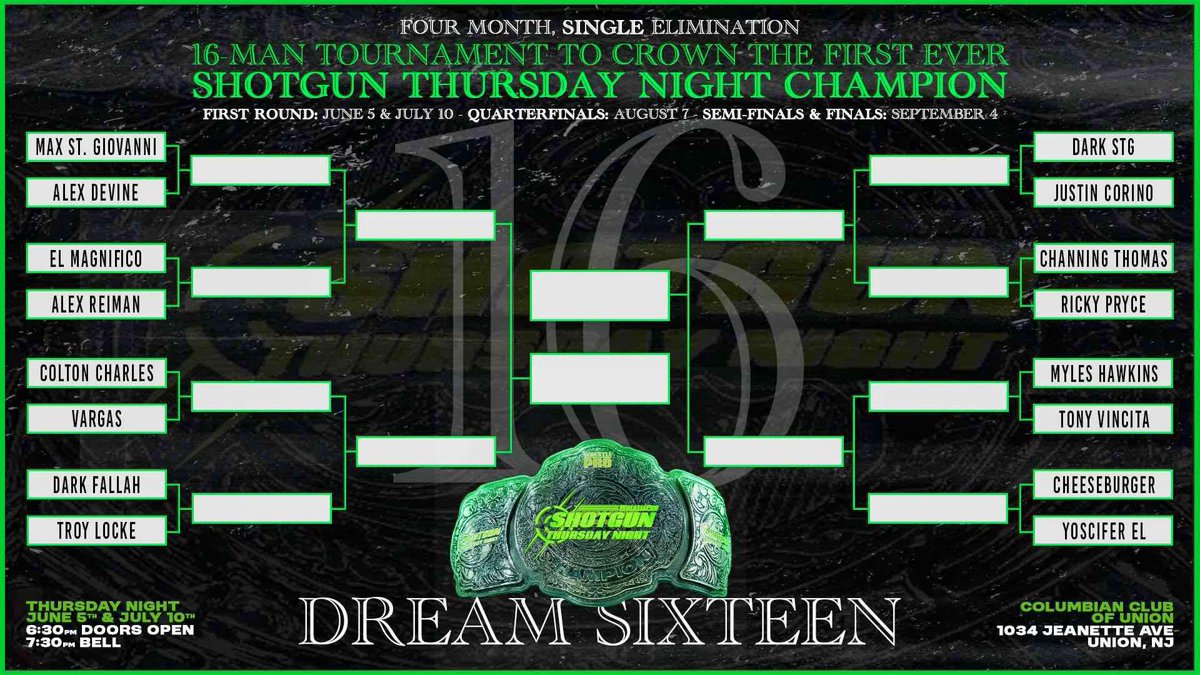 🚨 POSTER REVEAL 🚨

Join us on 6/5 in Union, NJ for the next Shotgun Thursday Night featuring the first round of the Dream Sixteen Tournament to crown the first ever Shotgun Thursday Night Champion!

Tickets $20 at the door! Come see the present and future of wrestling!