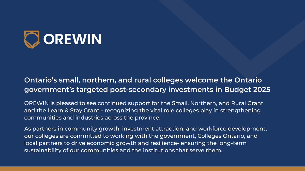 OREWINColleges's tweet image. OREWIN welcomes the Ontario governments post-secondary investments in Budget 2025. We look forward to working with provincial and sector partners to drive economic growth and resilience.