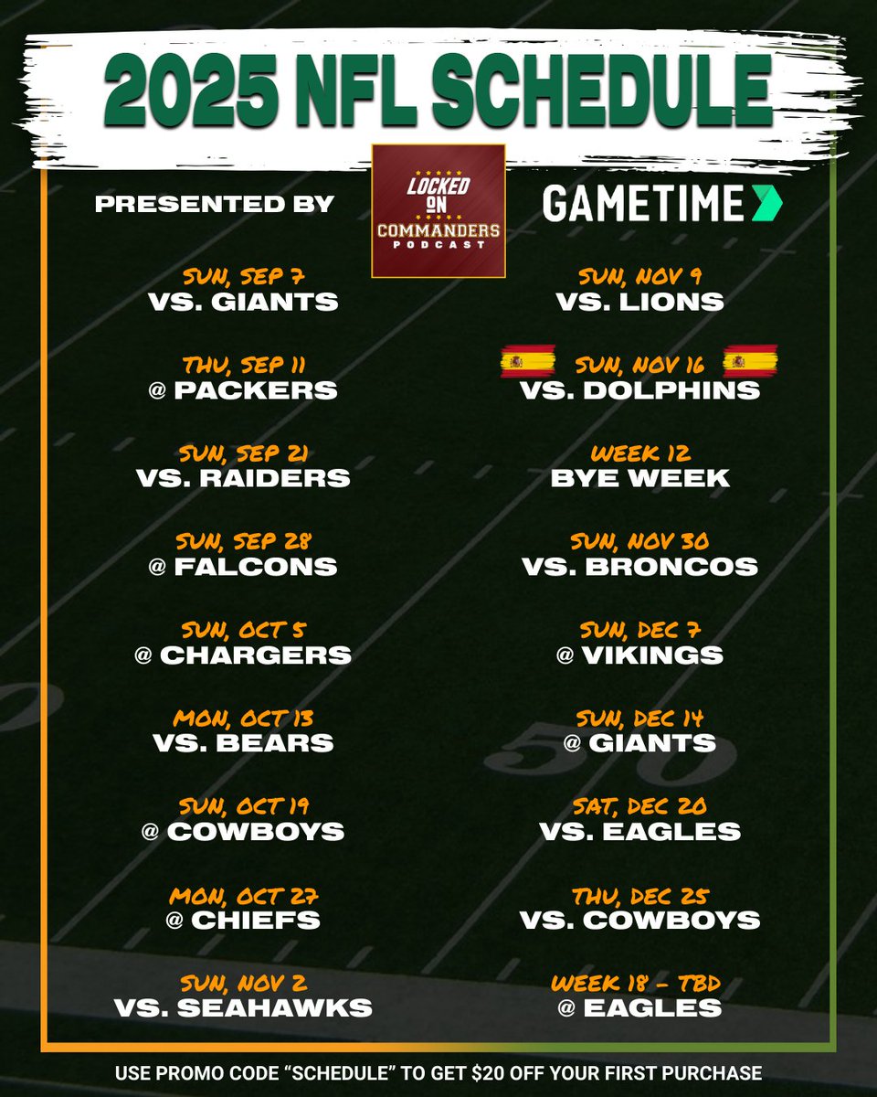 LOCommanders's tweet photo. The #Commanders 2025 NFL Schedule is here! Which games are you going to?

Click the link below to get tickets and use the promo code "Schedule" to get $20 off your first purchase w/ @Gametime!

https://t.co/TicVxRjk1R https://t.co/30zaU2Kvor
