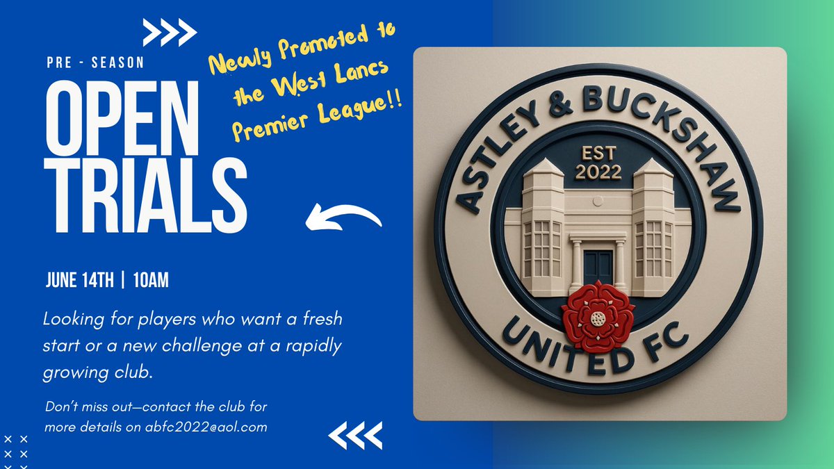 We are hosting an Open Trials session in June for our Men’s First team who are newly promoted to the <a href="/westlancsleague/">West Lancashire League</a> Premier league for next season

Looking for a new challenge or a step up from your current club?

Drop us a DM or contact by email
<a href="/PlayerFinderUK/">PlayerFinder</a> <a href="/FreeAgentsFC/">Free Agent Showcase</a>