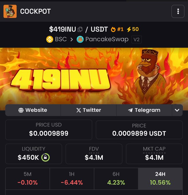 Bksk_btc's tweet photo. @cockpot419inu @cz_binance @cz_binance #1 dexscreener!!! #419inu https://t.co/Mt2QBHBOrh