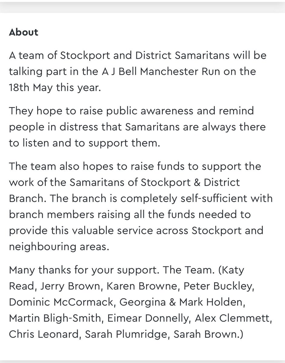 stockportsams's tweet photo. Thank you to a team of volunteers and supporters running the Manchester Run this weekend. Good luck! Link to their donation page below: #manchester10k #manchesterrun
https://t.co/DG40VKr5tn https://t.co/f5x6RUOW3P