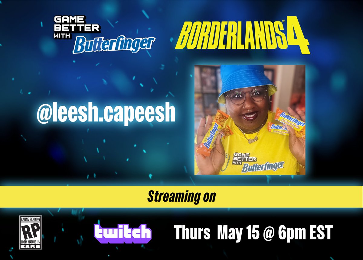 Butterfinger (@butterfinger) on Twitter photo Another <a href="/Borderlands/">Borderlands</a> stream coming at you LIVE today @ 5/15 at 6pm EST from <a href="/leeshcapeesh/">Alicia Doling</a>! Tune in to see how she can #GameBetterwithButterfinger 😎
twitch.tv/leeshcapeesh Another <a href="/Borderlands/">Borderlands</a> stream coming at you LIVE today @ 5/15 at 6pm EST from <a href="/leeshcapeesh/">Alicia Doling</a>! Tune in to see how she can #GameBetterwithButterfinger 😎
twitch.tv/leeshcapeesh