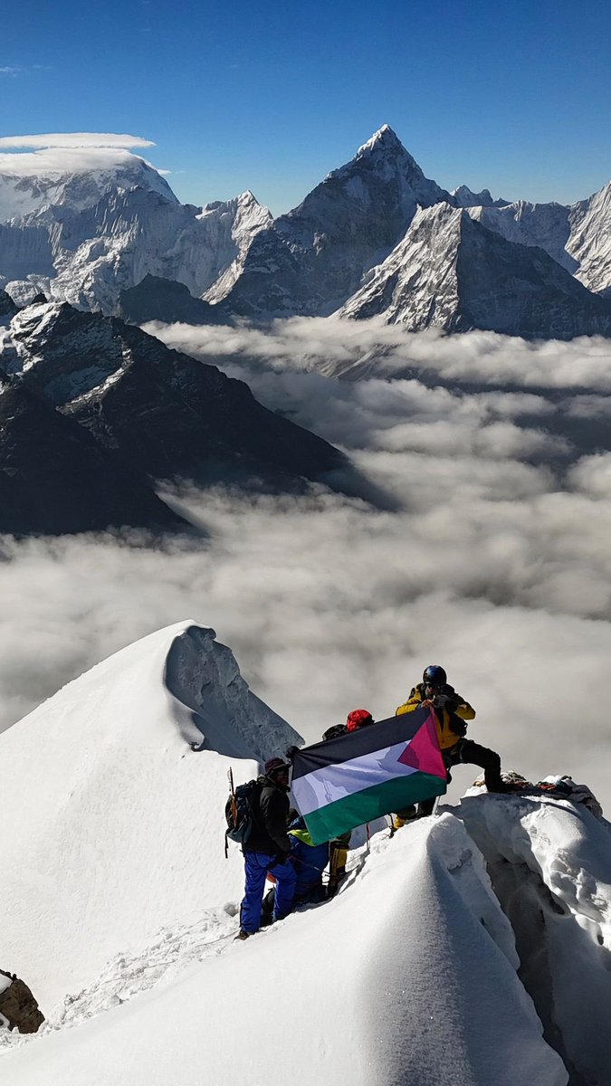يوستين ناتي (@jameelar313) on Twitter photo Sent to me this morning from my great Palestinian friend and mountaineer <a href="/mostafasalameh/">Mostafa Salameh</a>
They flew the #Palestinian flag atop Lobuche in the #Himalayas earlier this morning calling for an end to the ongoing Genocide in Gaza.
#FreePalestine
<a href="/OnlinePalEng/">PALESTINE ONLINE 🇵🇸</a> <a href="/Teachers4Pal/">Teachers For Palestine</a> Sent to me this morning from my great Palestinian friend and mountaineer <a href="/mostafasalameh/">Mostafa Salameh</a>
They flew the #Palestinian flag atop Lobuche in the #Himalayas earlier this morning calling for an end to the ongoing Genocide in Gaza.
#FreePalestine
<a href="/OnlinePalEng/">PALESTINE ONLINE 🇵🇸</a> <a href="/Teachers4Pal/">Teachers For Palestine</a>