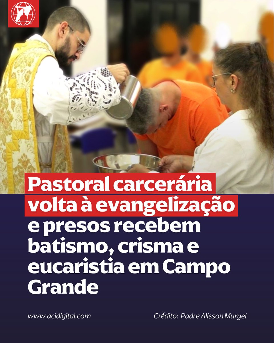 acidigital's tweet photo. Quatro presos receberam o batismo, a crisma e a primeira eucaristia em Campo Grande (MS) das mãos do padre Alisson Muryel, vigário na paróquia Santo Agostinho de Hipona, Campo Grande. Para ele, a “evangelização é a principal arma de ressocialização dos presos”.

“Eles sabem o crime que cometeram e sabem que precisam pagar pelo que fizeram, não são vítimas, são culpados”, disse o padre Alisson, à ACI Digital. Os presos “entendem que, através de nossa evangelização, é possível uma vida nova em Cristo. Esta vida nova pressupõe o conhecimento sobre quem é Jesus”.

Os sacramentos foram celebrados no dia 27 de abril na Penitenciária Estadual Masculina de Regime Fechado da Gameleira II, onde a pastoral carcerária da arquidiocese faz um trabalho de evangelização. O padre Alisson faz visitas quinzenais e tem duas turmas de catequese de reclusos junto com outros quatro agentes da pastoral.

Para ele, evangelizar os presos é “um ato de caridade”, pois todo “encontro com o evangelho é um convite a uma vida nova em Jesus”.

“Confesso que no início não foi fácil, e nenhuma iniciativa caritativa é fácil, mas fazemo-la porque Cristo nos mandou, por obediência! Ver estes primeiros frutos do nosso apostolado é muito gratificante”, contou.

A nova coordenação da pastoral de Campo Grande busca retomar a evangelização e oferecer uma “catequese que leve as pessoas ao encontro pessoal com Cristo”, disse. “Se este encontro pessoal com Cristo muda as nossas vidas, por que não pode mudar as deles?”

“Infelizmente, como quase todos os movimentos, acabou sendo influenciada por uma concepção ideológica” que entendia “a ideia de ‘catequizar’ os presos em detrimento de um auxílio social”, disse padre Alisson.

Entre os presos, segundo o padre, “há aqueles que se abrem e há aqueles que são mais duros de coração”. O acompanhamento é feito segundo o grau de interesse e participação. Aqueles que manifestam interesse fazem a preparação para os sacramentos.

Os outros detentos “ficaram muito felizes em verem os companheiros recebendo os sacramentos. Parece que no coração deles reacendeu a esperança: é possível levar uma vida nova”, concluiu o padre.

📌 Saiba mais em https://t.co/HTiR0tFAtk