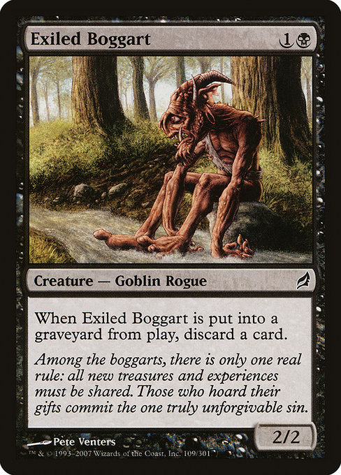 Rishkardo's tweet photo. @GavinVerhey Lorwyn is so good! I always found the importance of community to the not-elf races on the plane really compelling, especially coupled with the eugenics the elves are motivated by. This boggart is also pictured in Hoarders Greed, this is the aftermath. https://t.co/gU26W7WMx8
