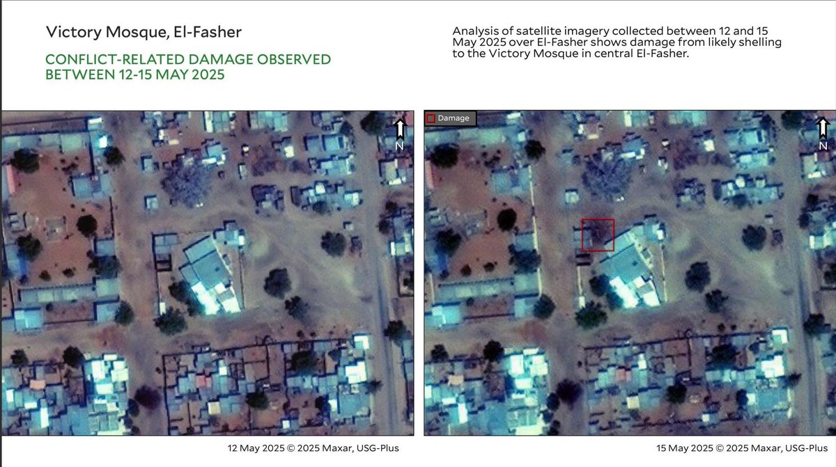 HRL_YaleSPH's tweet photo. 🚨REPORT🚨 Artillery Damage in Abu Shouk IDP Camp + El-Fasher is visible in satelltie imagery between 12-15 May 2025. Damage is visible at the Al-Saudi Hospital, Mawashi (livestock) market, two mosques, &amp; other likely civilian dwellings.
🛰️@Maxar @Planet 
https://t.co/1HApllgfVx https://t.co/GXmA2HBDtp
