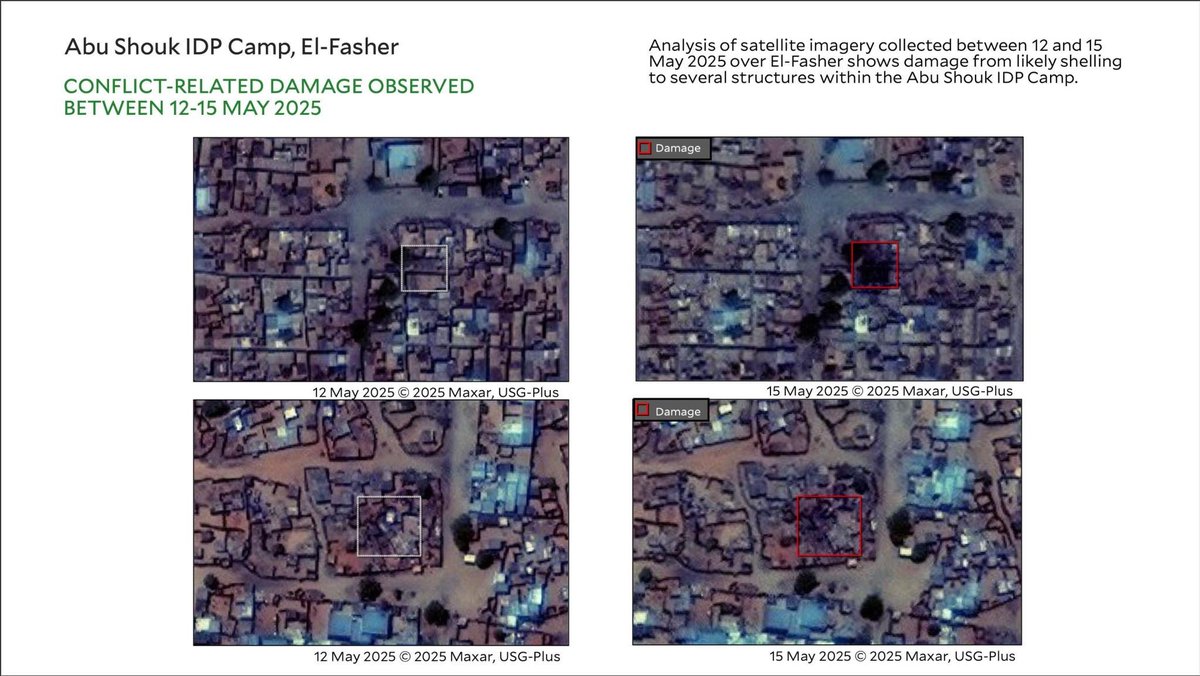 HRL_YaleSPH's tweet photo. 🚨REPORT🚨 Artillery Damage in Abu Shouk IDP Camp + El-Fasher is visible in satelltie imagery between 12-15 May 2025. Damage is visible at the Al-Saudi Hospital, Mawashi (livestock) market, two mosques, &amp; other likely civilian dwellings.
🛰️@Maxar @Planet 
https://t.co/1HApllgfVx https://t.co/GXmA2HBDtp