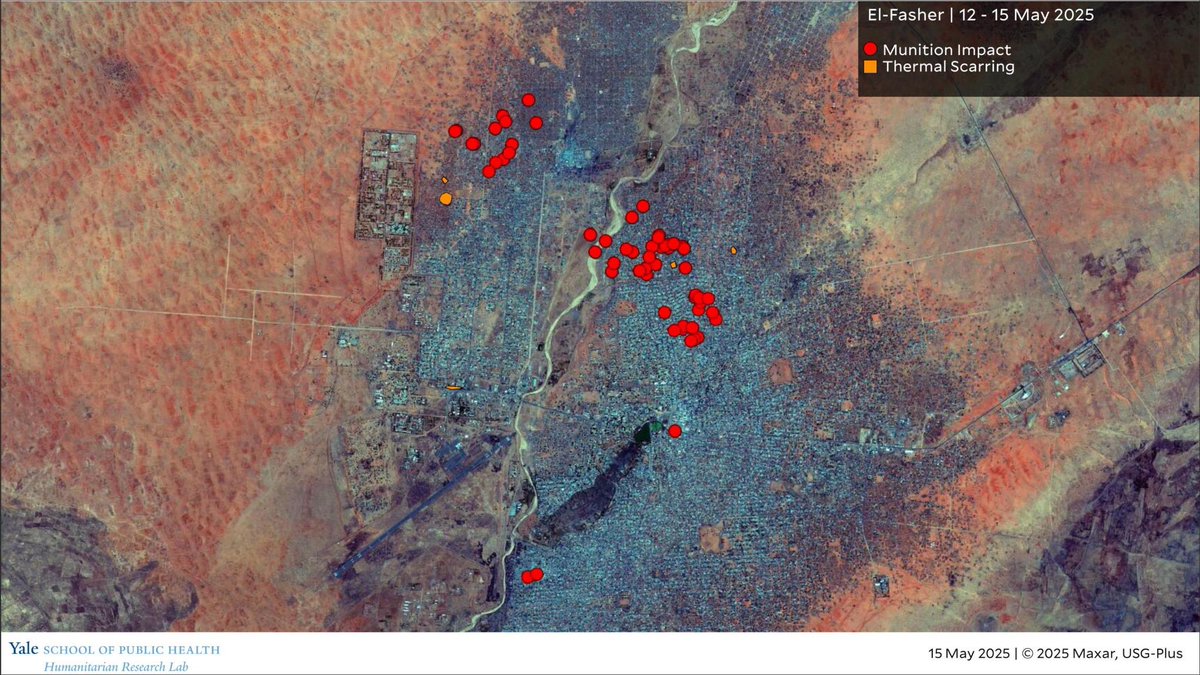 Humanitarian Research Lab (HRL) at YSPH (@hrl_yalesph) on Twitter photo 🚨REPORT🚨 Artillery Damage in Abu Shouk IDP Camp + El-Fasher is visible in satelltie imagery between 12-15 May 2025. Damage is visible at the Al-Saudi Hospital, Mawashi (livestock) market, two mosques, & other likely civilian dwellings.
🛰️<a href="/Maxar/">Maxar Technologies</a> @Planet
medicine.yale.edu/lab/khoshnood/… 🚨REPORT🚨 Artillery Damage in Abu Shouk IDP Camp + El-Fasher is visible in satelltie imagery between 12-15 May 2025. Damage is visible at the Al-Saudi Hospital, Mawashi (livestock) market, two mosques, & other likely civilian dwellings.
🛰️<a href="/Maxar/">Maxar Technologies</a> @Planet
medicine.yale.edu/lab/khoshnood/…